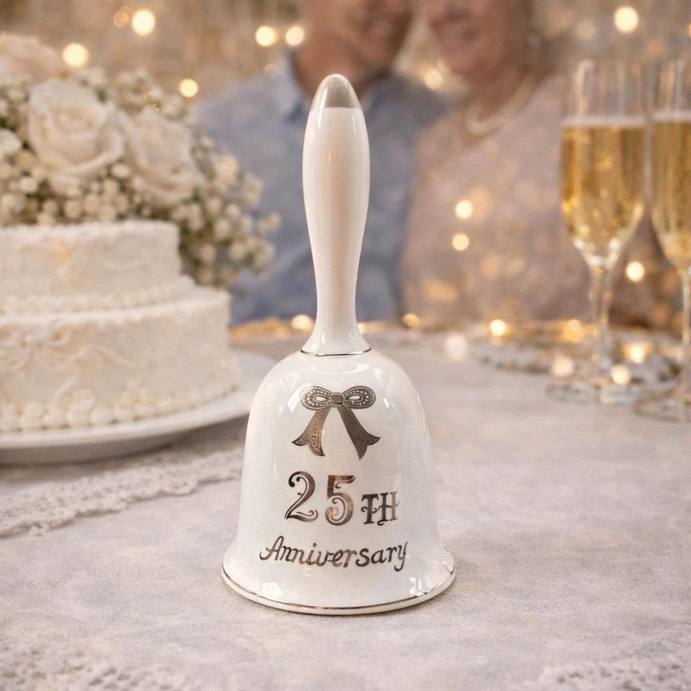 💍 Vintage Lefton 25th Anniversary Porcelain Bell | Silver‎ Jubilee Wedding Gift